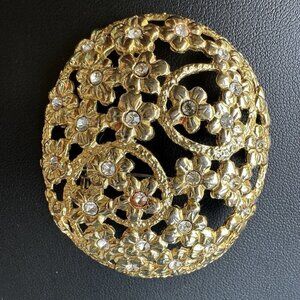 VTG Oval Brooch Pin 1.5" Floral Clear Rhinestone Yellow‎ Gold Plated Filigree